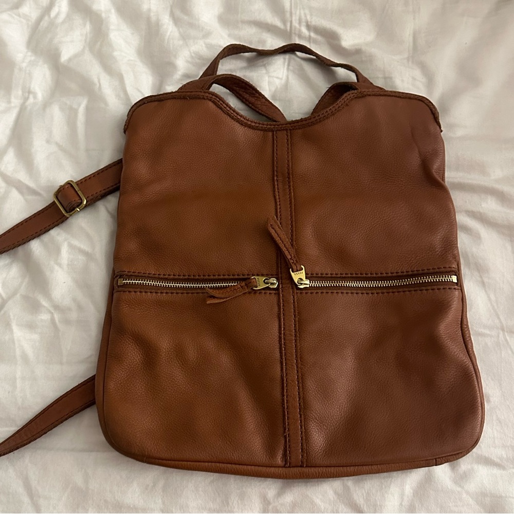 Fossil Brown Leather Fold Over Bag 
Gold Hardware